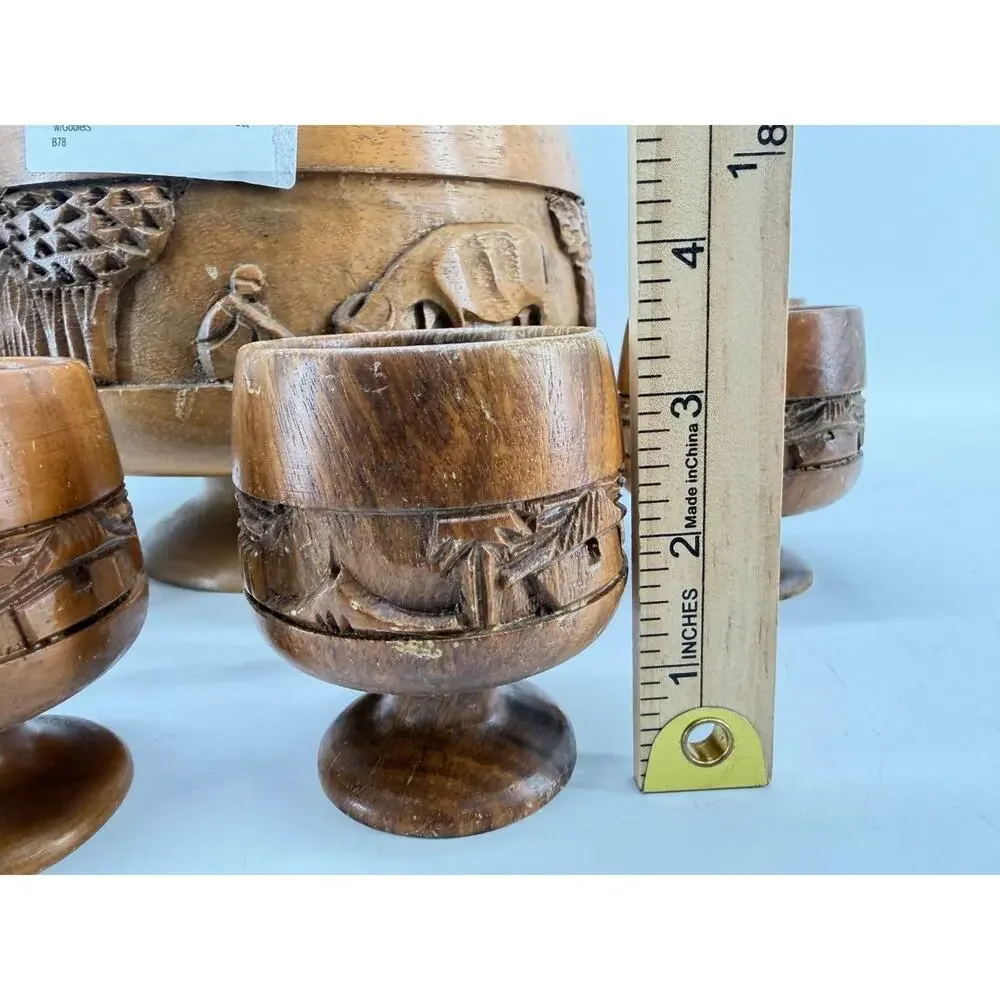 Vintage Hand Carved Wood Punch Bowl Set 6 Goblets Tiki Village 3 lb